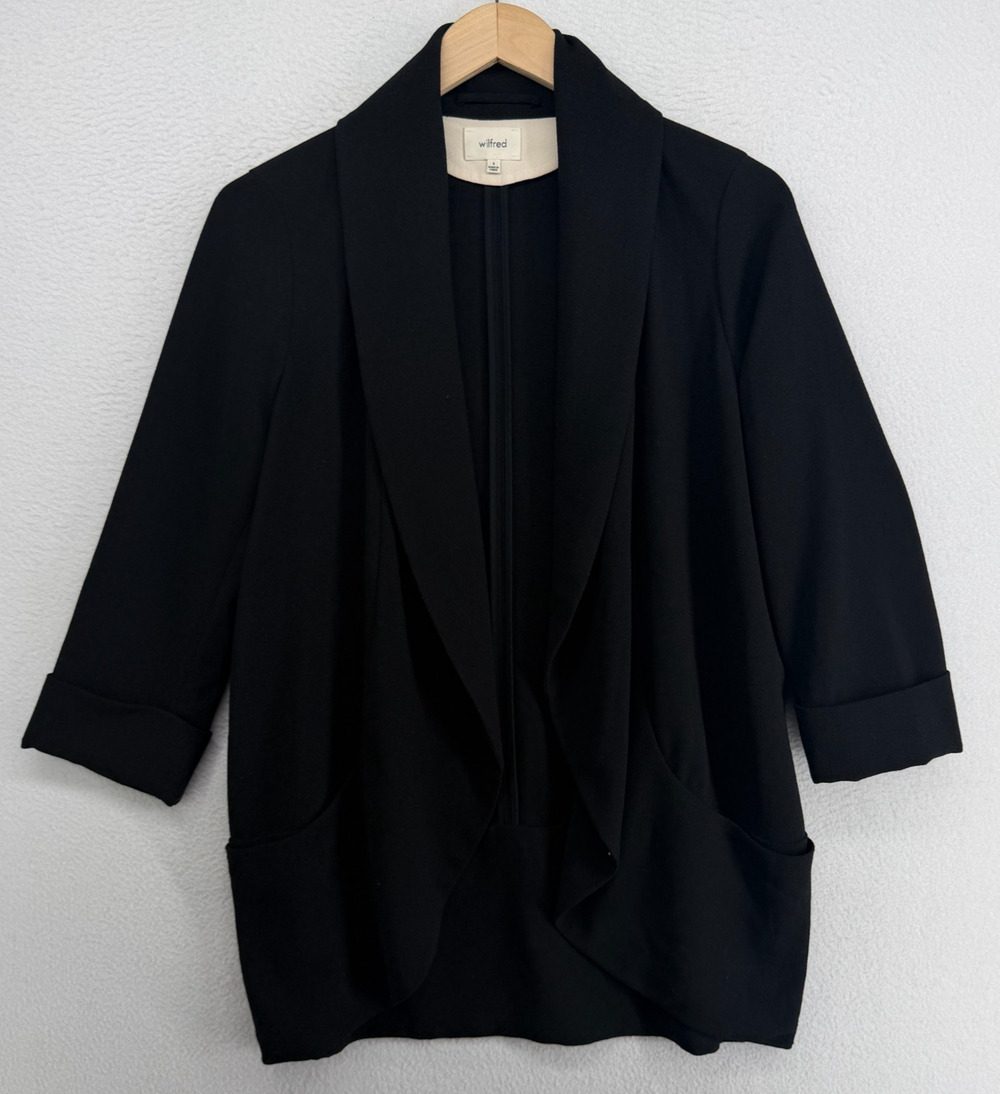 WILFRED Blazer 8 Crepe Draped Jacket Shawl Open Front Cuff 3/4 Sleeve Black